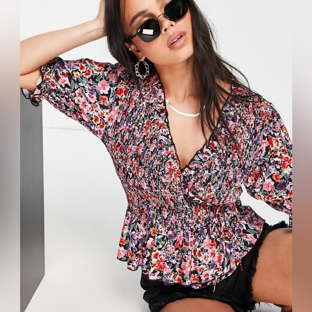 Topshop Floral Smocked Multicolor Wrap Puff Sleeve  Cottagecore Blouse Top 6